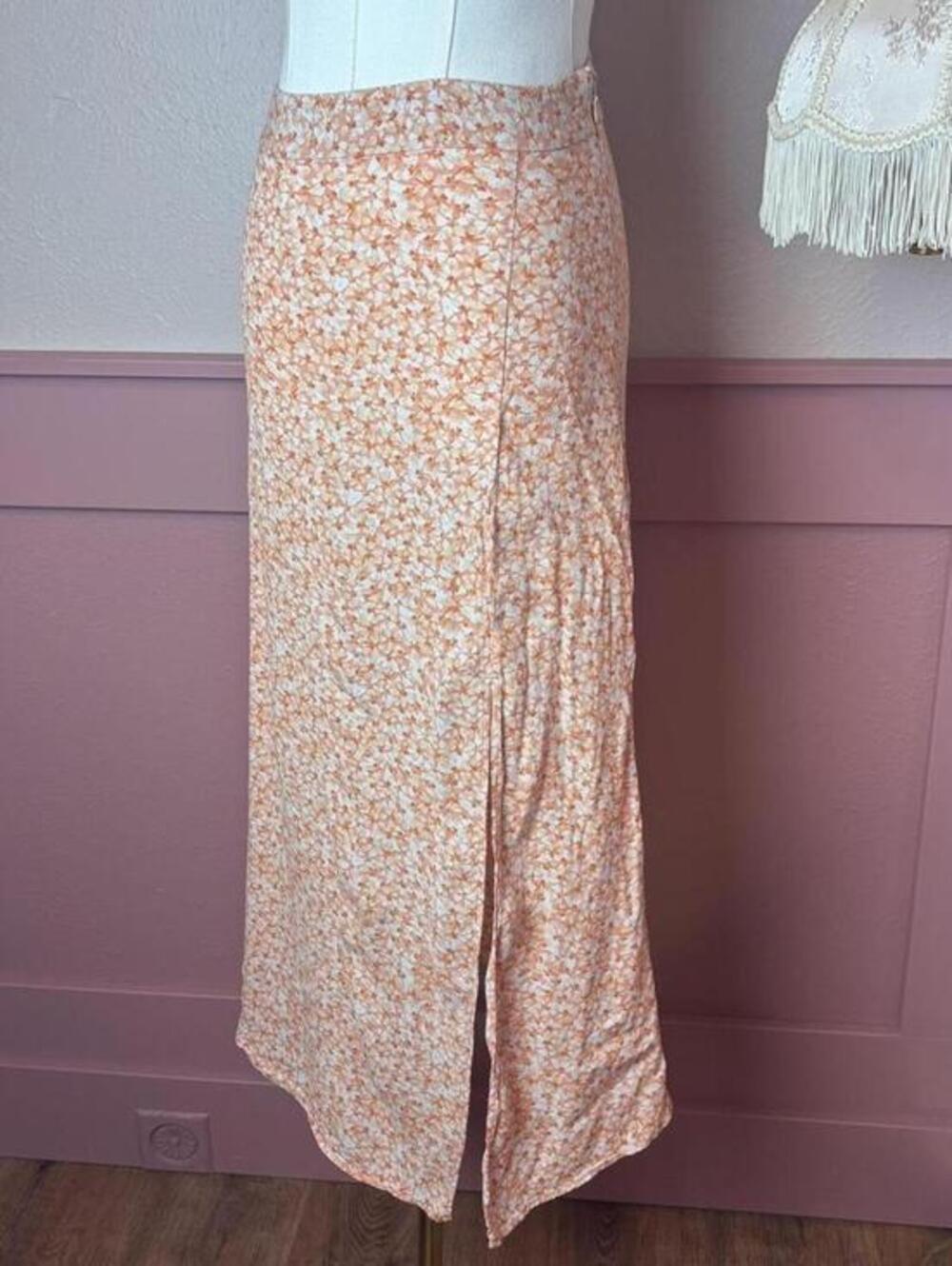 fairy cottage floral slit midi skirt h&m orange white sz 2 viscose